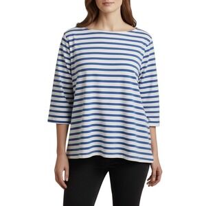 D&Co Active Women Plus 3X Blue White Striped Boat Neck 3/4 Sleeve sweatshirt
